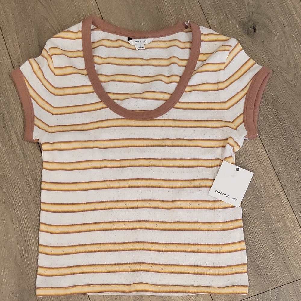 O'Neill Women's Striped Tan and White Top